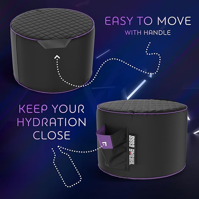 Throne Boss Gaming Footstool - Cover ONLY No Filling - Matching Bean Bag Chair Pouf/Ottoman - Round Gamer Foot Stool Footrest with Drink Holder (Purple)