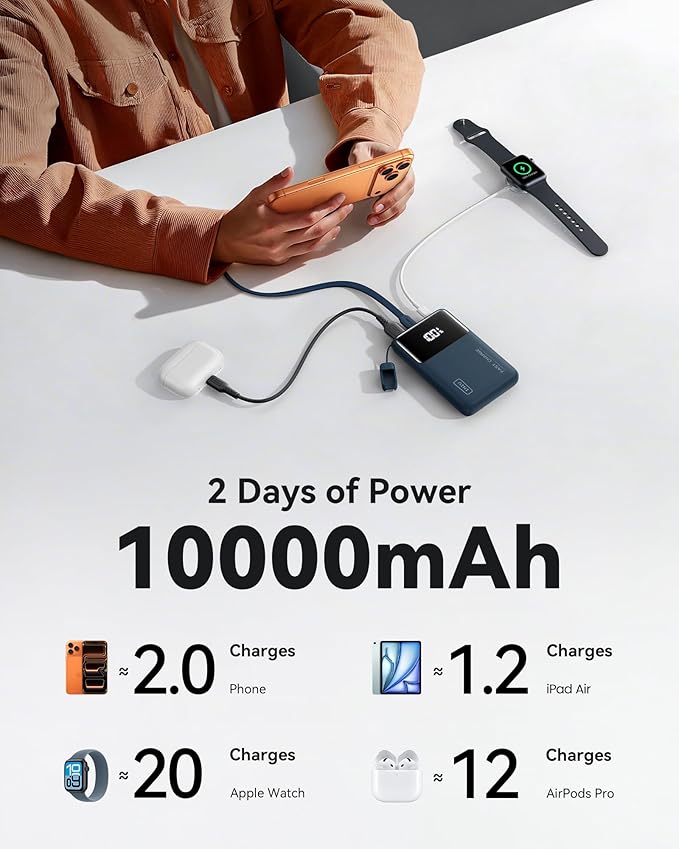INIU Portable Charger, Compact 45W Fast Charging Power Bank, 10000mAh USB C Battery Pack with Cable & Stand, TSA Travel Phone Charger for iPhone 17 16 15 14 Pro Max, Samsung S26, iPad etc, Blue