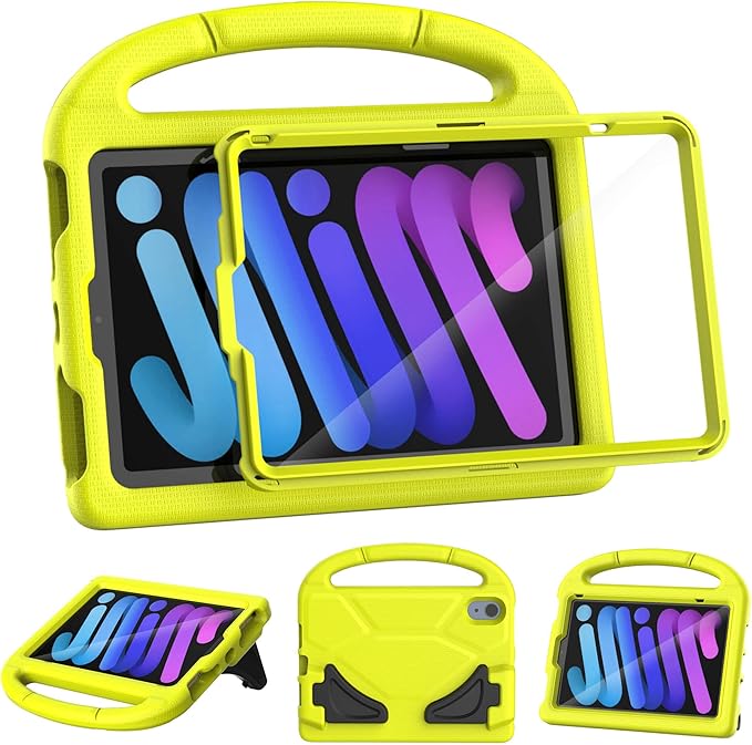 Kids Case for iPad mini 7 (A17 Pro) 2024/ Mini 6 2021, iPad mini 7th/6th Generation Case with Screen Protector - Shockproof with Handle Stand Protective Cover for iPad 8.3 Inch, Yellow