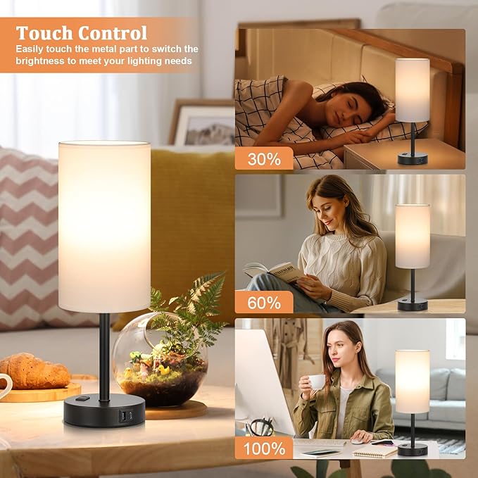PartageiZ 17.4inches Tall White Bedroom Lamps Set of 2-3 Way Dimmable Touch Table Lamps with USB C and A Ports, Lamps for Nightstand with AC Outlet, Desk Lamps with Black Base for Office