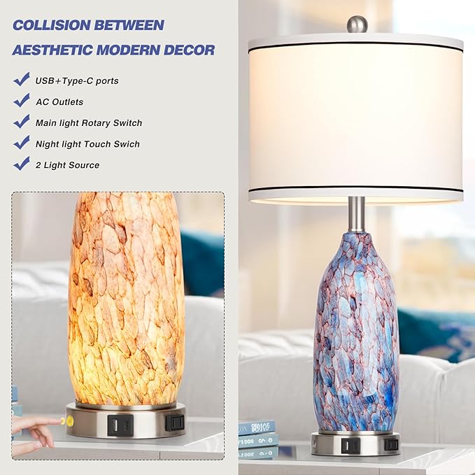 Rinweey 26" Coastal Glass Table Lamps Set of 2,Nautical lamp with USB A+C Ports & AC Outlet,Bule Bedside Lamps with 3-Way Dimmable Touch Control Night Light for Bedroom Living Room(Bulbs Included)