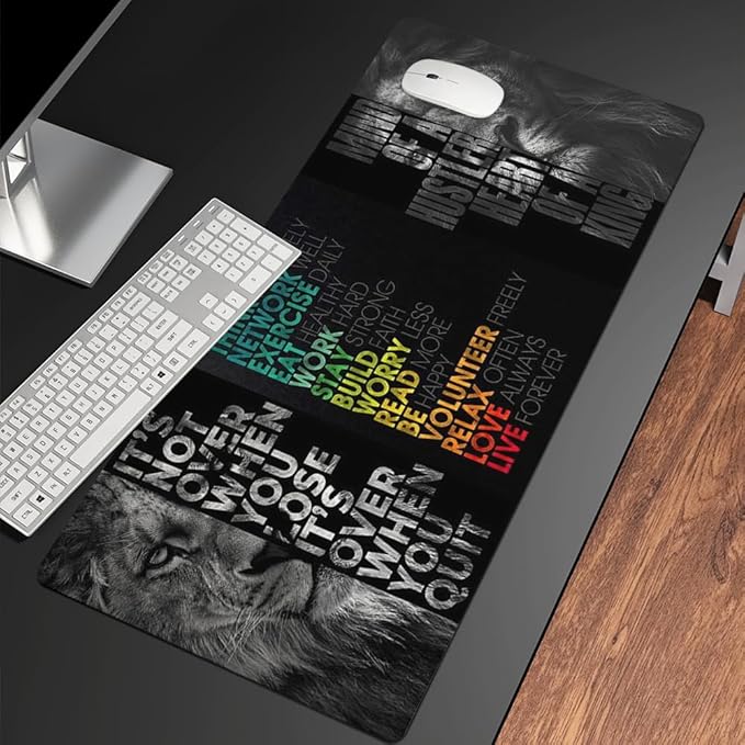 Black Gray Lion Keyboard Mat Positive Saying Mousepad Office Long Mouse Pad It is not Over When You Lose Desk Pad Mouse Mat for Desktop Gamer Guy Boys Mens Office Accessories 31.5"x15.7"