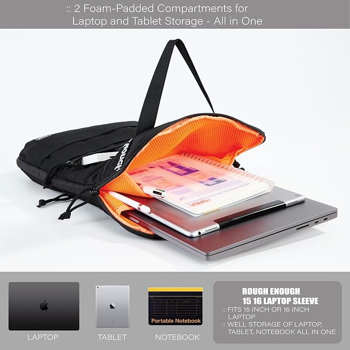 Rough Enough 16 Inch Laptop Sleeve Case Bag for Dual Tablet Storage with Accessory Pocket Handle Shoulder Strap Outdoor Travel Tactical Cordura Black