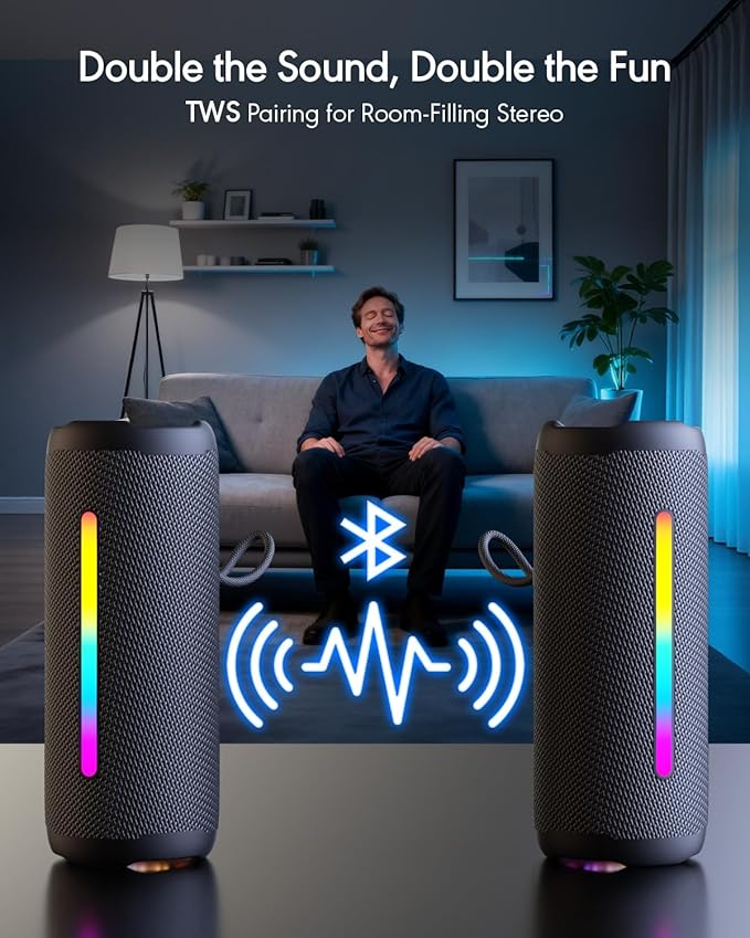 Portable Bluetooth Speaker, IPX7 Waterproof Wireless Speaker, 30W Loud Stereo Sound with Deep Bass, RGB Lights, Bluetooth 5.4, EQ Mode for Home/Party/Outdoor, Birthday Gifts for Men Women(Black)