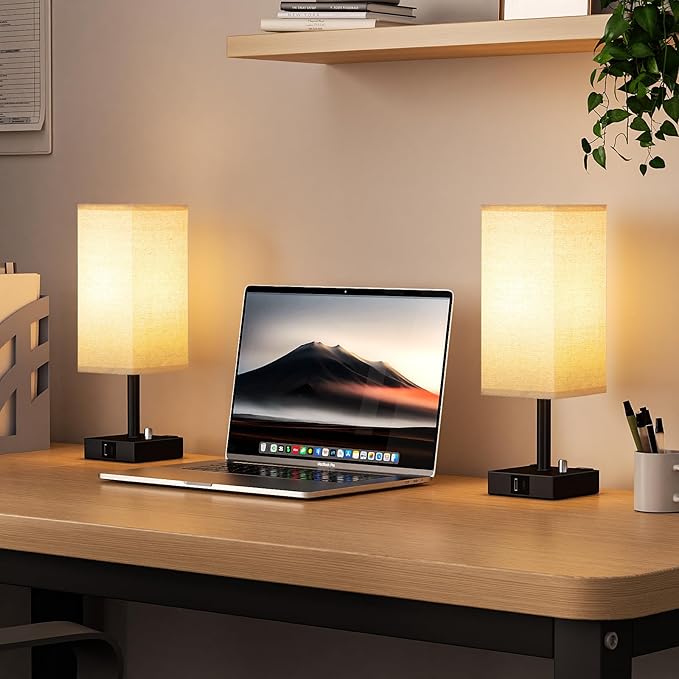 aooshine Fully Dimmable Nightstand Lamps Set of 2 - Table Bedside Lamp with USB C+A Charging Ports & 2 AC Outlets, Square Lamp Sets Linen Fabric Shade for Bedroom Living Room(Bulb Included)
