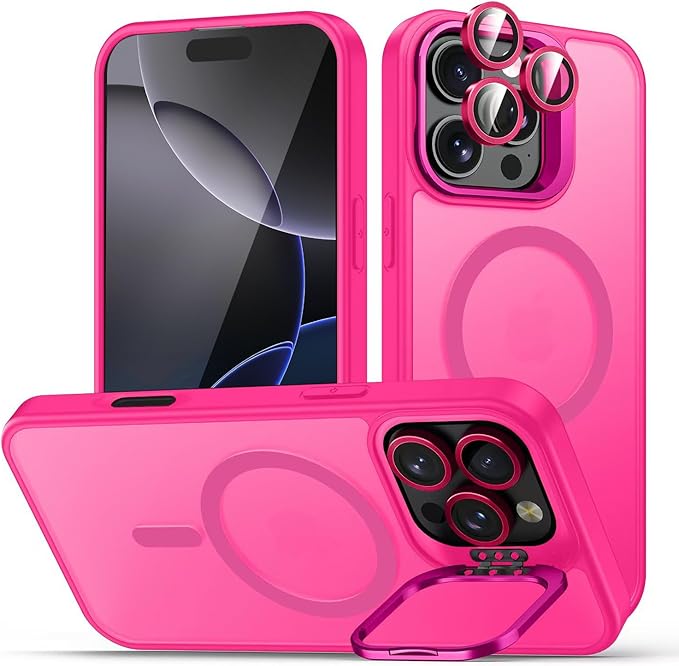 TOBOVON for iPhone 16 Pro Max Case, Compatible with MagSafe, Built-in Camera Ring Stand, with Individual Camera Cover, Translucent Matte Military-Grade Drop Protection Magnetic Case, Hot Pink