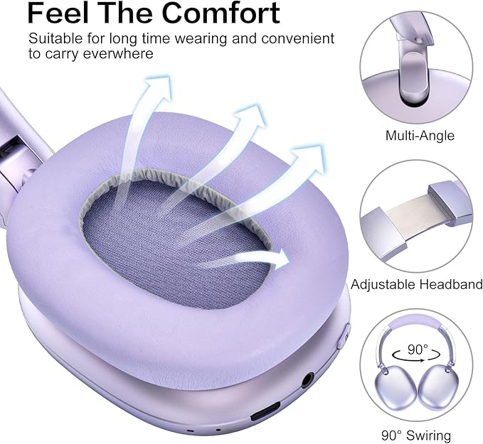 C6 Active Noise Cancelling Headphones, Wireless Over Ear Bluetooth Headphones, 60H Playtime, Lightweight Folding Deep Bass Comfort Fit Ear Cups Headset with Mic for iPad/Travel/PC/Home Purple