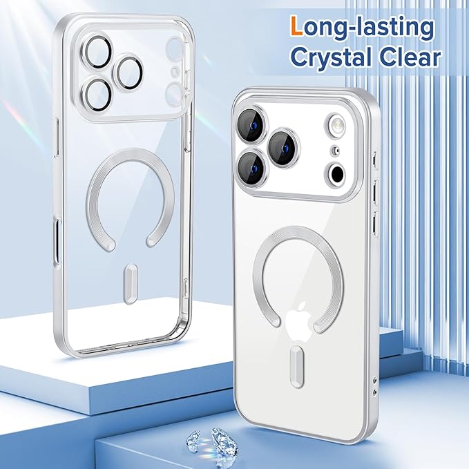 Hython Magnetic Clear for iPhone 17 Pro Case with Camera Lens Protector [Compatible with MagSafe] Luxury Plating Edge Slim Soft TPU Cover Protective Phone Case for iPhone 17 Pro 6.3", Matte Silver