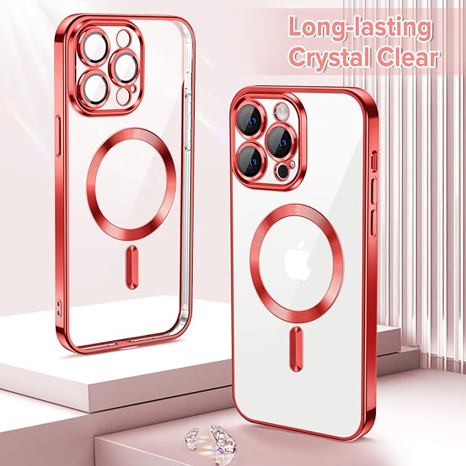 Hython Magnetic Clear for iPhone 13 Pro Case with Camera Lens Protector [Compatible with MagSafe] Luxury Plating Edge Slim Soft TPU Cover Protective Phone Case for iPhone 13 Pro 6.1", Red