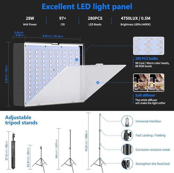 NEEWER 2 Pack RGB Video Light with Tripod Stands NP-F550 Batteries, Studio LED Panel Key Lighting Kit for Game Streaming YouTube Recording Photography Photoshoot Podcast, APP Control/CRI97+, RGB-P280