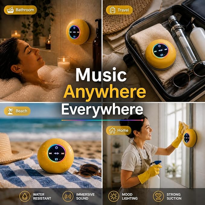 Bluetooth Shower Speaker with LED – Portable Wireless Mini Speaker with Mic & Suction Cup, IPX4 Water Resistant for Shower, Travel, Pool, River Floating, and Outdoor Fun (Yellow)