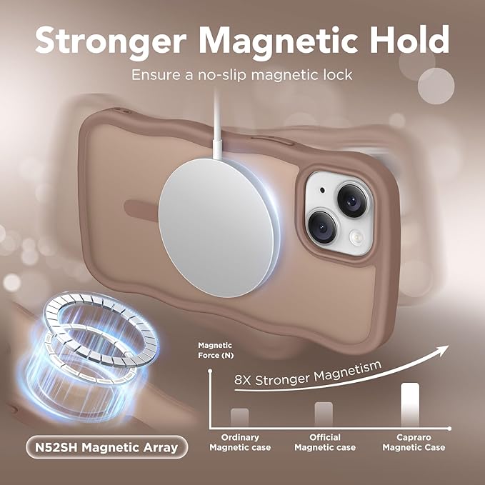 CAPRARO Cute for iPhone 13 Case & iPhone 14 Case, Compatible with MagSafe, [Curly Wave Edge] [Camera Protection] [14 FT Drop Protection] Magnetic for iPhone 13/14 6.1 Inch, Brown