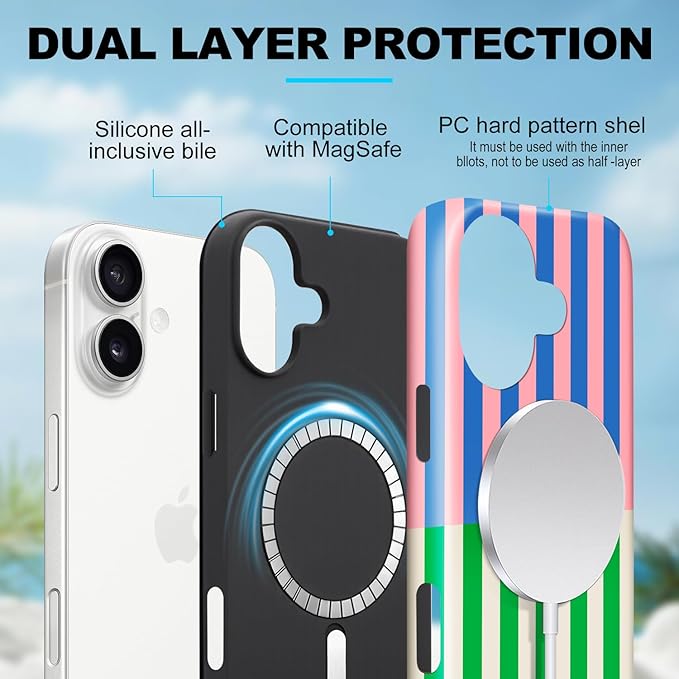 Magnetic for iPhone 16 Plus Case Cute Stripes Phone Case, Shockproof Slim TPU and Hard PC Protective Phone Cover Compatible with MagSafe Designed for Women Girls, Gray