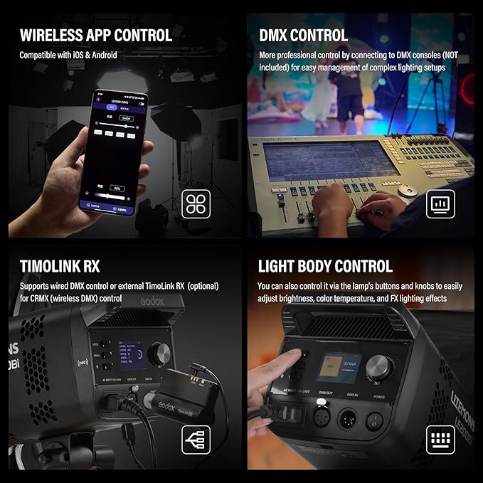 Godox Litemons LE200Bi 220W Bi Color COB LED Video Light, Professional Bowens Mount Continuous Photography Studio Lighting CRI/TLCI 98+ 57700 Lux@1m APP DMX Control Ultra Quiet for Video Recording
