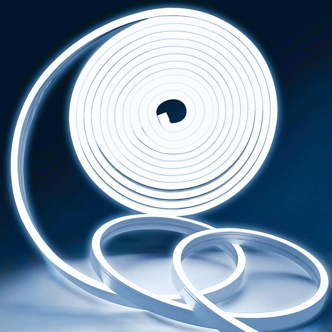 White Led Strip Lights, 16.4ft/5m Neon Light Strip, 12V Flex Waterproof Neon LED Strip Silicone LED Neon Rope Light for Kitchen Bedroom Indoor Outdoor Decoration（Power Adapter not Included