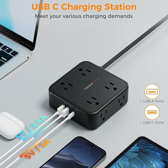 TESSAN Surge Protector Power Strip, 25 Ft Flat Plug Extension Cord with 3 USB (1 USB C) 8 Outlets, 1250W, 900J Protection, 3 Sided Outlet Extender with Power Switch for Office, Dorm Room, Black