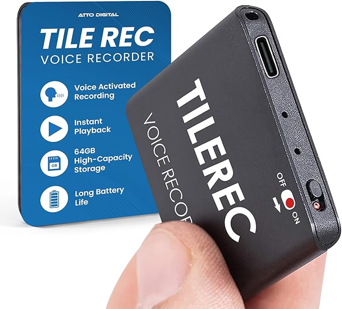 TileRec Voice-Activated Audio Recorder – 64GB Digital Dictaphone with Playback, USB-C, Metal Case – Portable Recorder for Meetings & Lectures