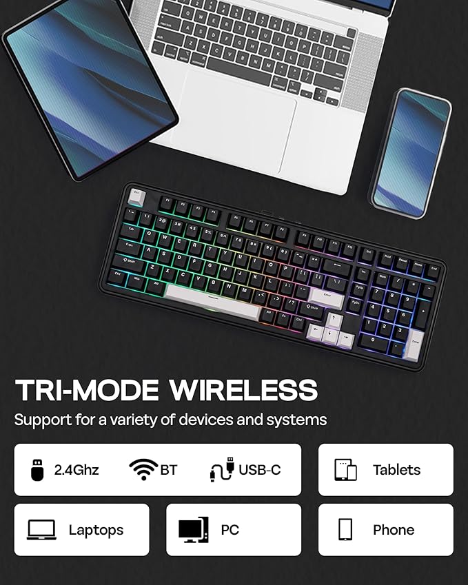 EPOMAKER TH99 Tri-Mode Wireless Mechanical Keyboard with 8000mAh Battery, Hot Swappable Custom RGB Gaming Keyboard with Numpad, Gasket Creamy for PC/Mac/Office (Black, Sea Salt Silent)