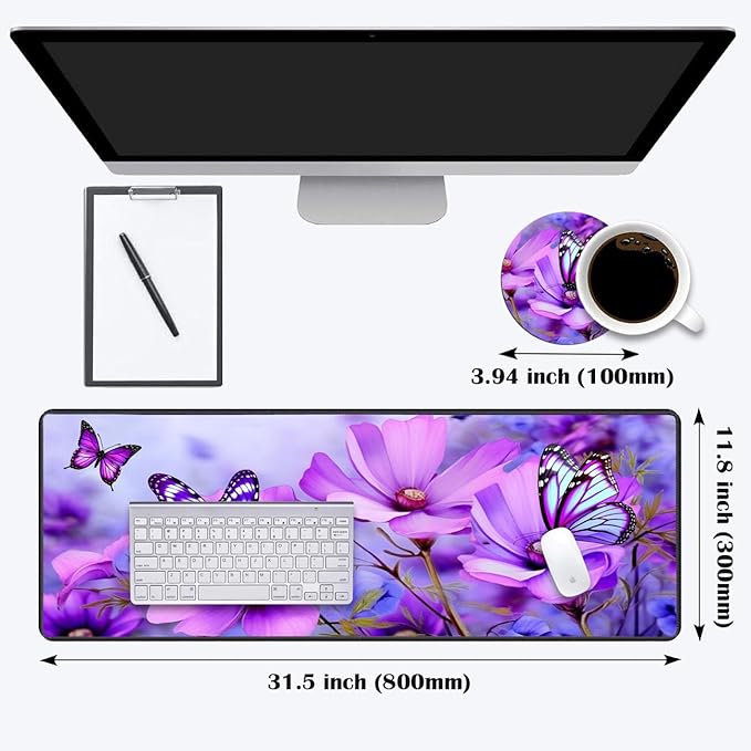 Desk Pad Mat Gaming Mouse Pads with Coasters,Stitched Edges Design Mouse Pad XXL Large Mouse Pad for Laptop Computers Purple Flowers and Butterflies Desk Writing Mat for Office & Home