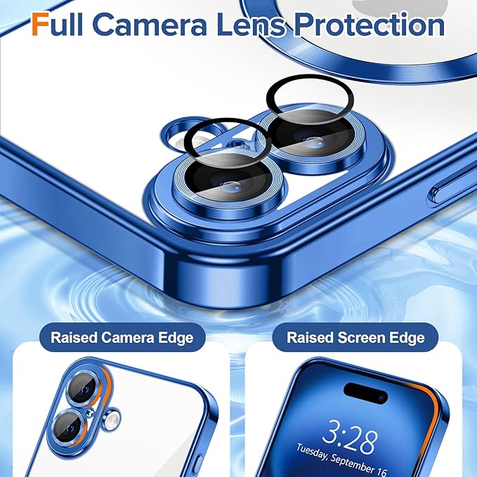 Hython Magnetic Clear for iPhone 16 Plus Case with Camera Lens Protector [Compatible with MagSafe] Luxury Plating Edge Slim Soft TPU Cover Protective Phone Case for iPhone 16 Plus 6.7", Deep Blue