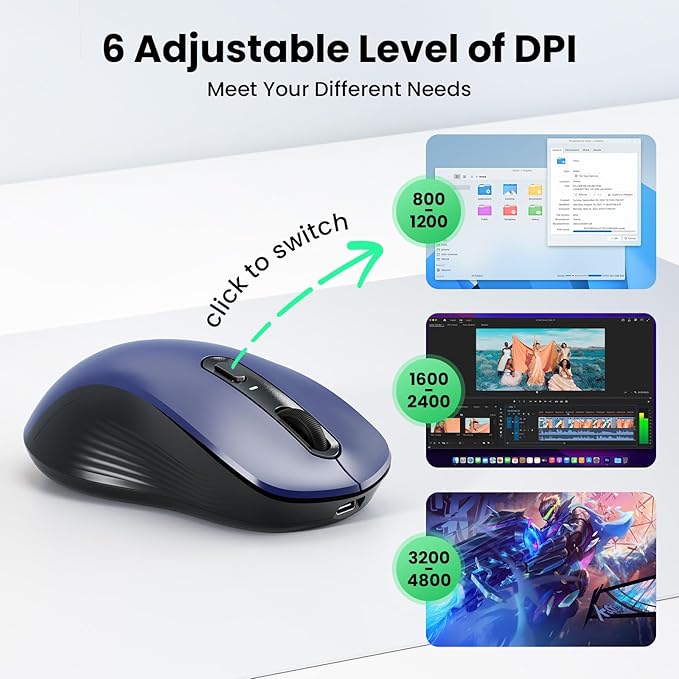 TECKNET Rechargeable Bluetooth Mouse, [ USB + BT5.0 + BT3.0 ] Wireless Mouse, Ergonomic Design, Silent Click, 6-Level 4800 DPI Wireless Mice, 3-Device Switching for Laptop, Computer, MacBook（Blue）