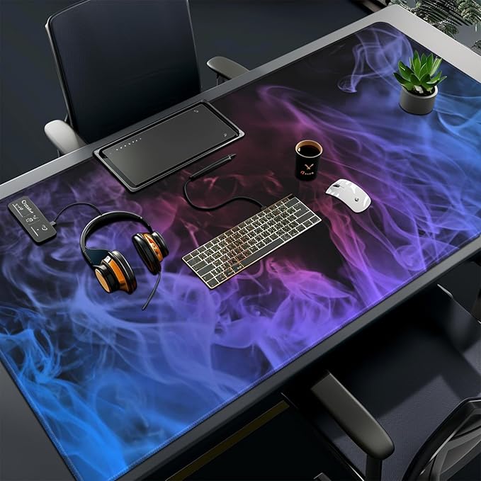 Huge 48x24 inch Mouse Pad - Extra Large Gaming Smoke Mouse Pads with Stitched Edges for Desk, Non-Slip Rubber Base 3XL Mousepad Waterproof Keyboard Pad Desk Pad for Gamer, Office, Home (Blue)
