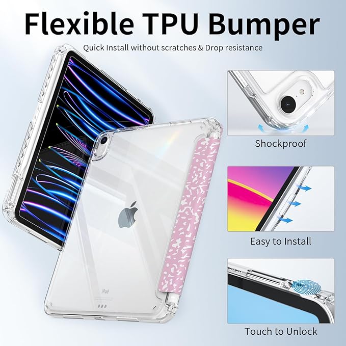 for iPad Air 11 Inch Case M4/M3/M2 (2026/2025/2024), iPad Air 10.9" 5th/4th Generation Case 2022/2020 with Pencil Holder, Slim Trifold Stand Clear Back Cover, Pink Composition Book