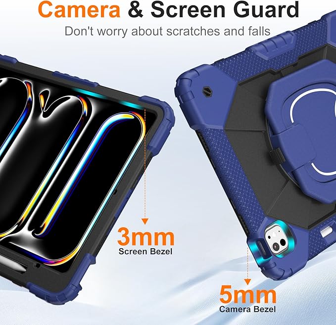Case for iPad Pro 13 Inch M5 2025 / M4 2024, Auorld for iPad Pro 13 Inch M5 2025 with Screen Protector, 360 Degree Rotating Stand Shoulder Strap Pencil Holder, Navy Black
