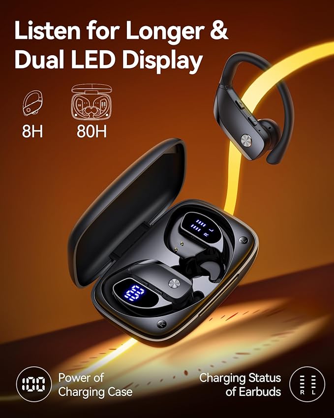 bmani Ear Buds Wireless Earbuds Bluetooth Headphones with 80H Playtime LED Display Case, Over-Ear Hook with Mic, Stereo Sound, Easy Button Controls, Sports Earphones for Running Workout Gym Black