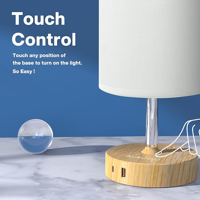 Small Bedside Table Lamp for Bedroom - 3 Way Dimmable Touch Lamp with USB Charging Station and AC Outlet, Wood Base & Fabric Linen Lampshade for Office, Living Room, Dorm, Wood-White, (LED Included)