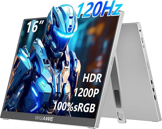 WUAWE 120Hz Portable Monitor, 100% sRGB 16 Inch Portable Gaming Monitor with Built-in Stand, HDR and Freensync, External USB C Monitor for Laptop, PC, Phone, Switch and PS5 (Silver)