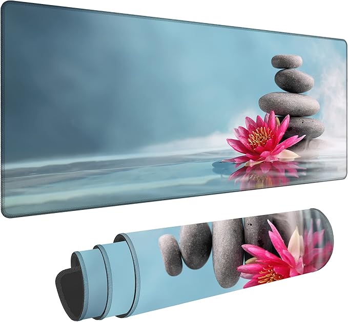Zen Stone Spa Gaming Desk Mat Large,Water Lily Extended Mousepad,Non-Slip Rubber Mouse Pad Stitched Edges,Desktop Decorative Accessories for Home Office 31.5" x 15.7"