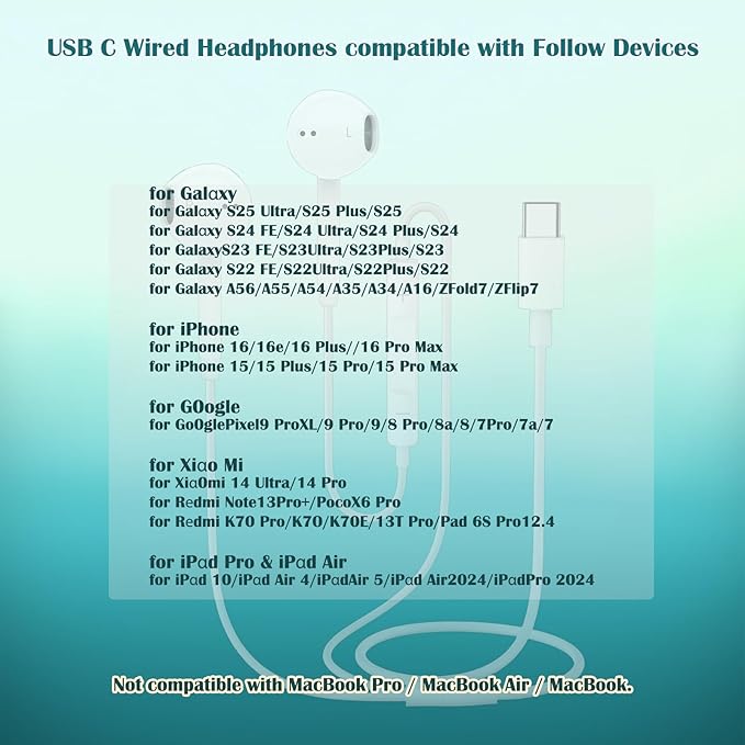 USB C Headphones for iPhone 15 16, Wired Earbuds Type C with Mic & Volume Control, In-Ear Earphones Wired USBC Ear Buds Compatible with iPhone 16/15 Pro/Pad/S25 S24 S23 S22/Pixel 7 8 9 Corded Headsets