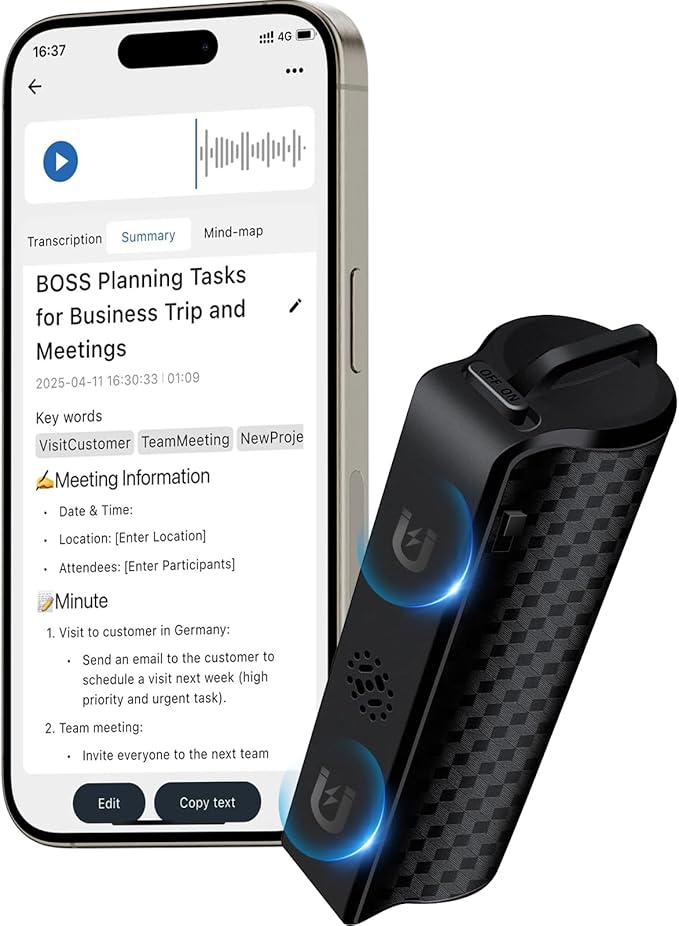 128G Magnetic AI Magnetic Voice Recorder with GPT-4.0 Powered Transcription & Translation Recording Device,Audio Recorder with App Editing & File Management,400 Free Minutes of AI Transcription/Month