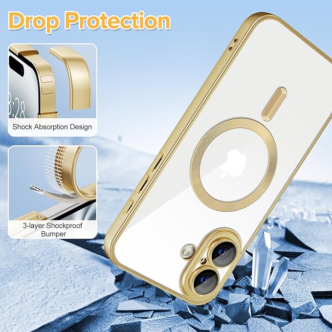 Hython Magnetic Clear for iPhone 16 Plus Case with Camera Lens Protector [Compatible with MagSafe] Luxury Plating Edge Slim Soft TPU Cover Protective Phone Case for iPhone 16 Plus, Matte Gold