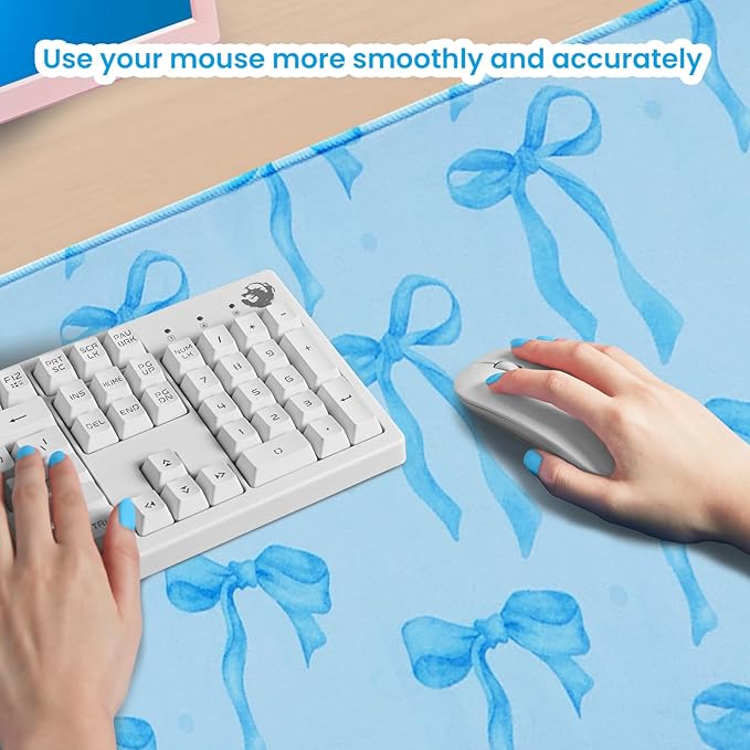 Blue Bows Desk Mat, Large Mouse Pad with Light Blue Background, Girly Computer Mat Keyboard Mat Cute Blue Office Pad for Desktop, Non-Slip Rubber Base, Stitched Edge Laptop Pad for Girls 31.5 x 11.8in
