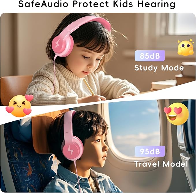 Candy Bila Kids Wired Headphones for Kids with Microphone, 85/94dB Volume Limiter Headphones for Girls Boys, Light Pink