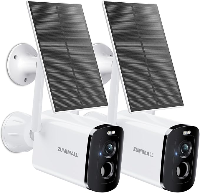 ZUMIMALL Solar Security Cameras Wireless Outdoor - 2 Packs, 2K Camera for Home Security, Front Door, Yard & Driveway, Color Night Vision, 2.4GHz WiFi, 2-Way Talk, Spotlight & Siren, IP66/Alexa/Cloud