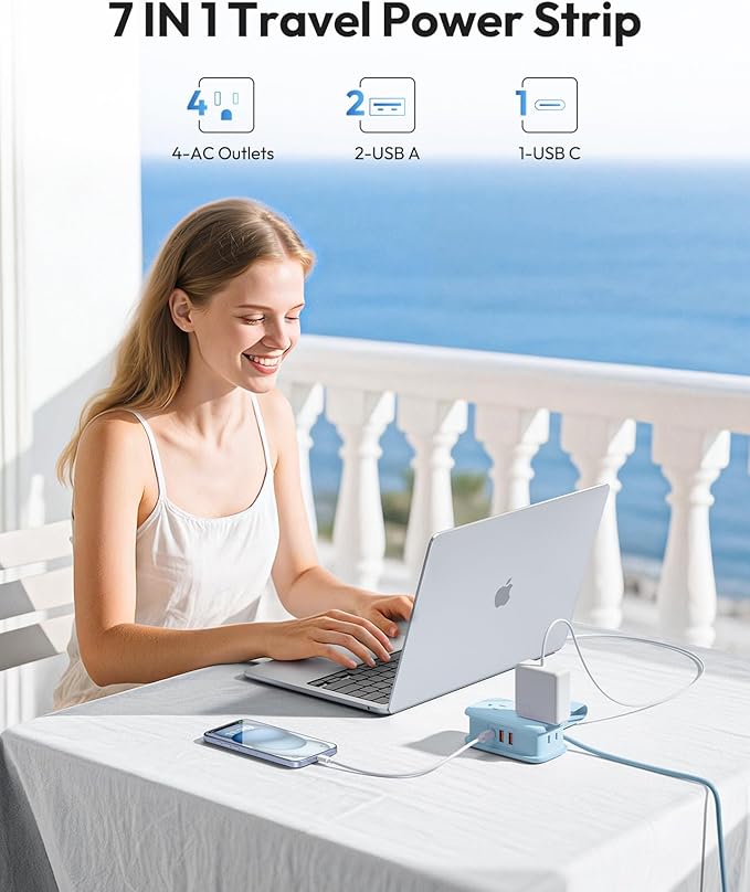 NTONPOWER Blue Travel Power Strip 20W, Travel Essentials 4 Outlets 3 USB(1 USB-C) with 4FT Wrapped Extension Cord Flat Plug, Vacation Essentials for Hotel Travel Camping Cruise Essentials 2026