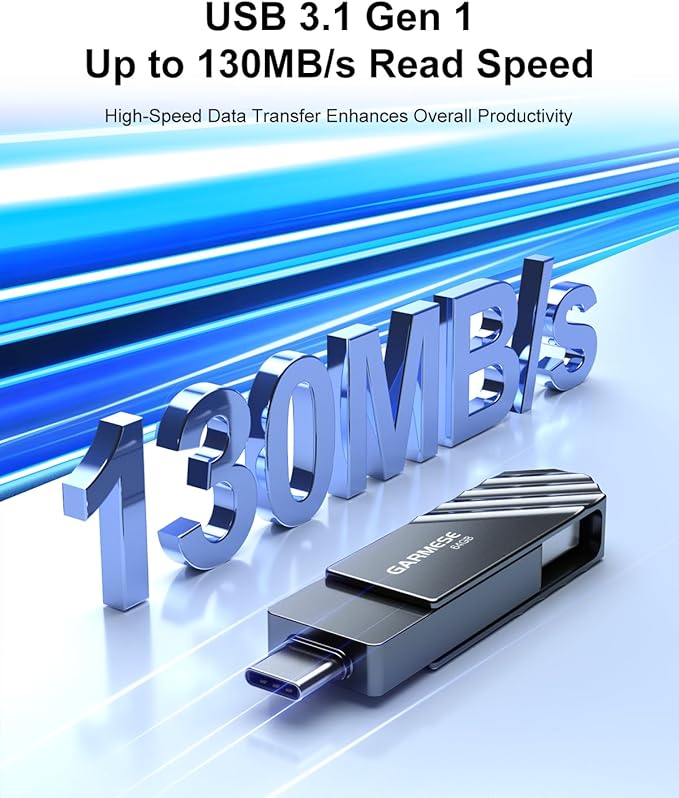 64GB USB C Flash Drive for Phone, Dual Type-C & USB-A Memory Stick Up to 130MB/s, Portable Photo Storage for Smartphone, Tablet, Laptop, PC