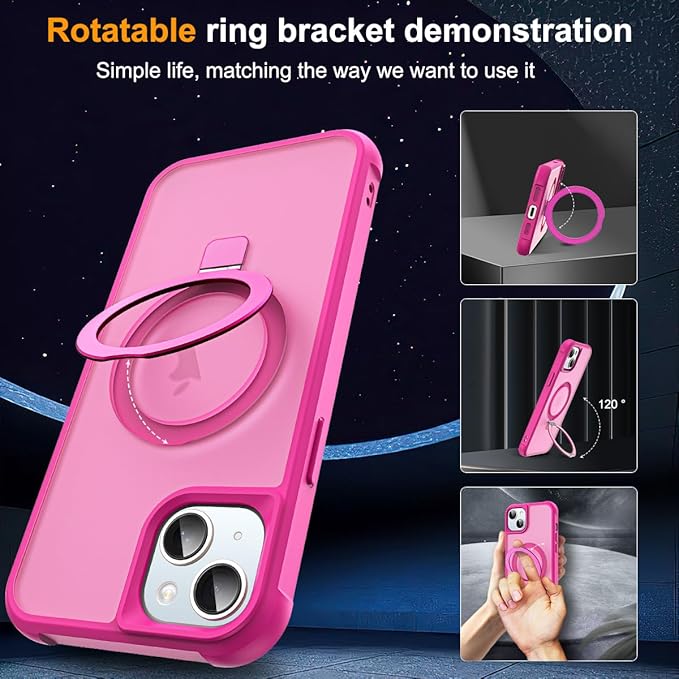 SKYLMW Compatible with iPhone 14 Plus Case with Invisible Magnetic O-Ring Stand Military-Grade Translucent Case for iPhone 14 Plus 6.7" [Compatible with Mag-Safe][Great Grip Feeling], Rose