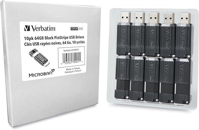 Verbatim 32GB Pinstripe USB 2.0 Flash Drive Retractable Thumb Drive – Business 10pk – Black
