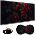 Ergonomic Darkness Red Roses Extended Mouse Pad 31.5" x 11.8" Set, with Wrist Rest & Lace Coasters, Pain Relief Design, Non-Slip Desk Mat for Home & Gaming