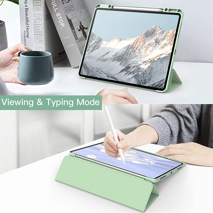 JETech Case for iPad Pro 12.9-Inch (2022/2021/2020/2018) with Pencil Holder, Clear Transparent Back Shell Slim Stand Shockproof Tablet Cover, Auto Wake/Sleep (Matcha Green)