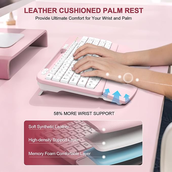 Ergonomic Wireless Keyboard with Cushioned Wrist Rest, Wave Keys, Phone Holder, Comfortable Natural Typing, 2.4GHz Full Size Cordless USB Computer Keyboard for Windows, Mac OS, Laptop, PC (Pink)