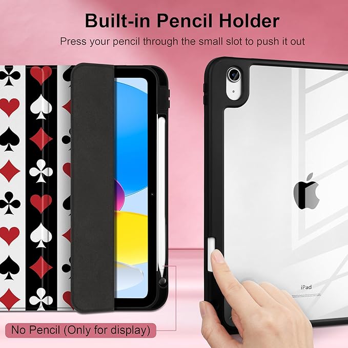 Case for iPad Air 11 inch M4 2026 M3 2025 M2 2024,iPad Air 5th (2022) / 4th (2020) 10.9 Inch Clear Back Shell Lightweight TPU Trifold Stand Auto Wake Sleep Cute Cover, Suit of Playing Card