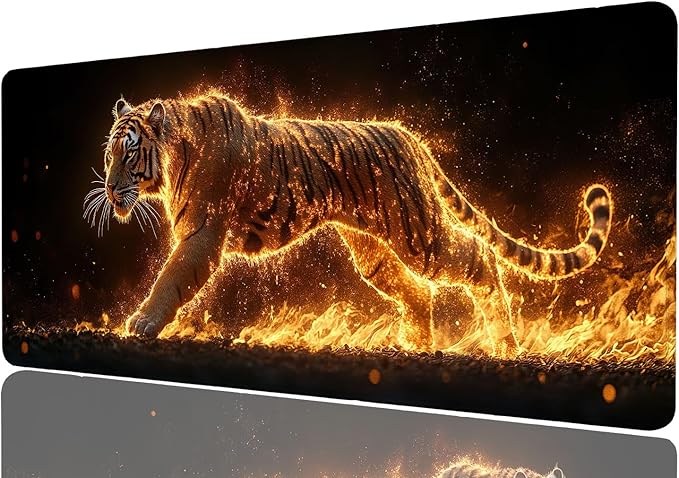Tiger Mouse Pad Large Fire Running Animal Wildlife Mousepad XL Large Gaming Mouse Pad Laptop Keyboard Mat Desk Pad Great for Work-from-Home or Office Use 31.5x11.8 Inch