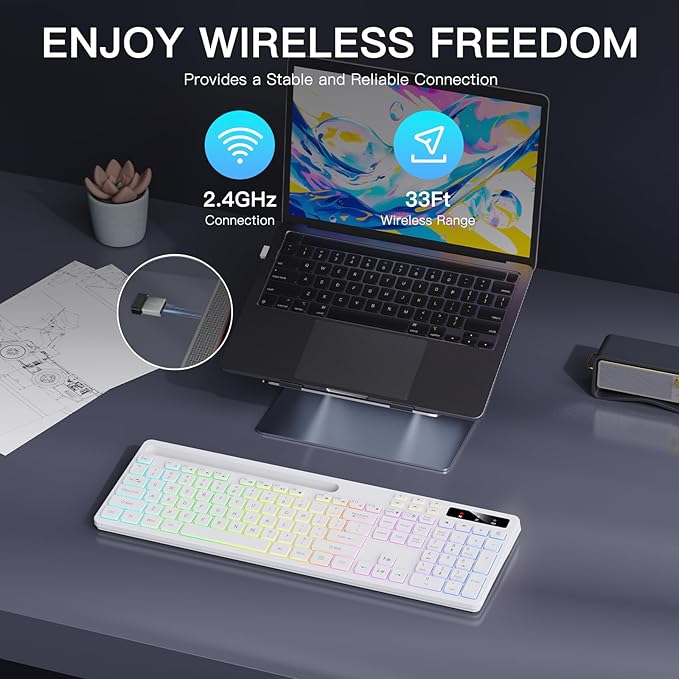 Soueto Wireless Keyboard with 7-Color RGB Backlit, Full-Size Computer Keyboard with Phone Tablet Holder, 2.4G Rechargeable Gaming Keyboard with Light Up Keys, Compatible with Mac, Windows (White)