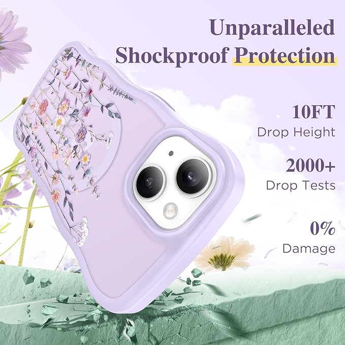 GVIEWIN Cute for iPhone 14 Case & iPhone 13 Case [Compatible with MagSafe] [Curly Wave Edge] Floral Translucent Magnetic Shockproof Protective Phone Cover for iPhone 14/13 6.1'', Floratopia/Colorful