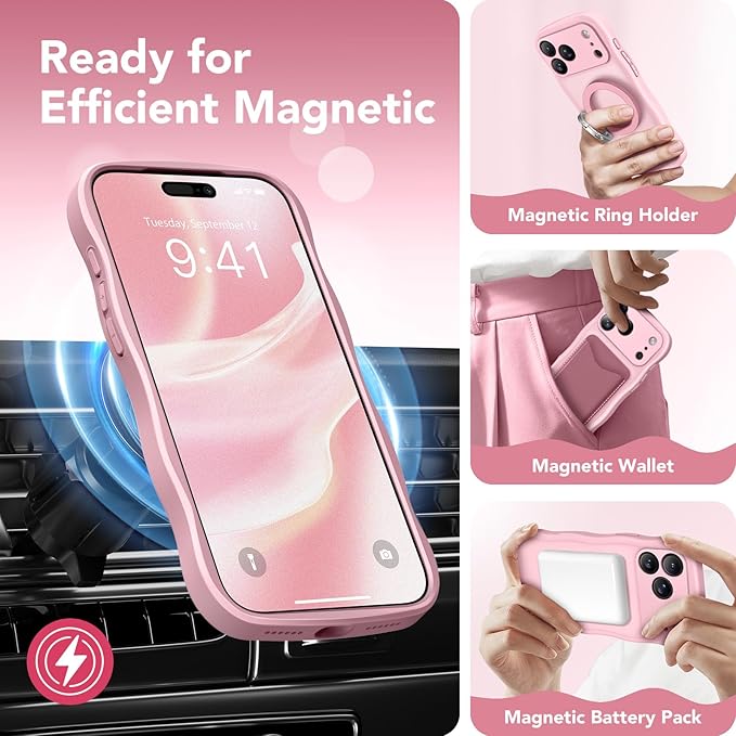 CAPRARO Magnetic for iPhone 17 Pro Case for Women Girls, Upgraded [Full Camera Protection] [Compatible with MagSafe] Cute Wave Translucent Matte Phone Case for iPhone 17 Pro, Peach Pink